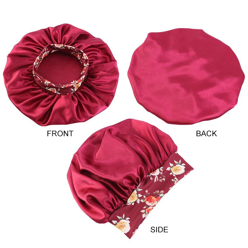 Silk Satin Sleep Bonnet with Wide Elastic Band and Floral Design for Hair Protection