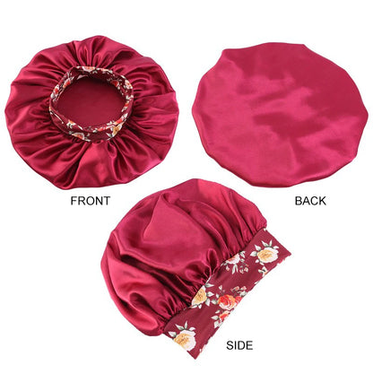 Silk Satin Sleep Bonnet with Wide Elastic Band and Floral Design for Hair Protection