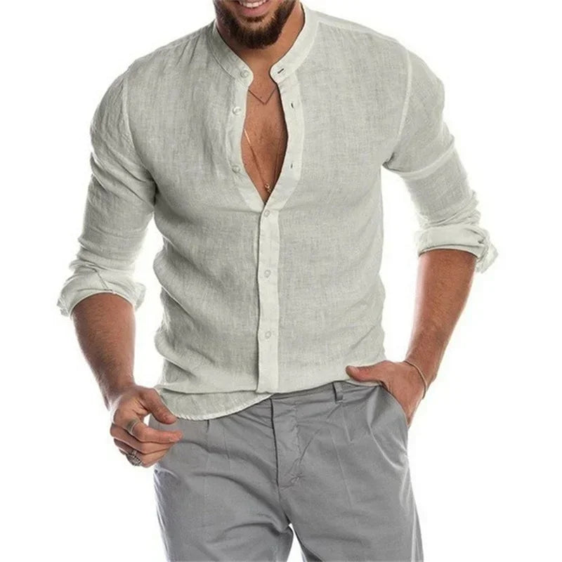 "Men's Long-Sleeve Linen Shirt with Stand Collar and Casual Button-Up Design"