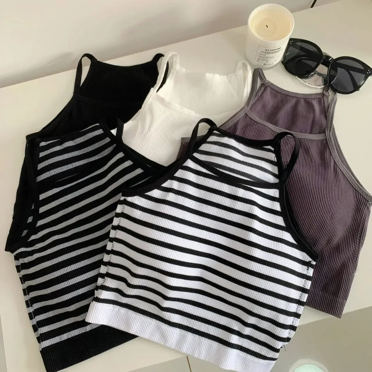 Women's Ribbed Tank Tops with Strappy Back Design and Mixed Solid and Striped Patterns, Perfect for Layering or Casual Wear