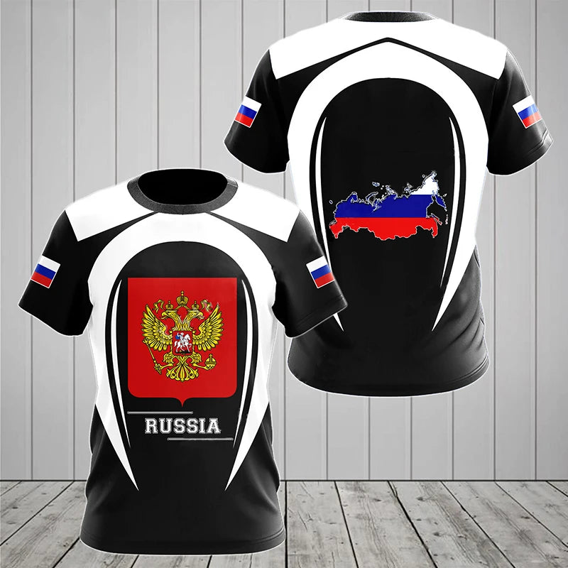 Men's Short Sleeve T-Shirt with Russian Coat of Arms and Flag Design, Customizable Name Option, and Military-Inspired Graphics