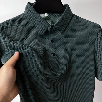 Men's Textured Knit Polo Shirt with Button Detail and Breathable Design