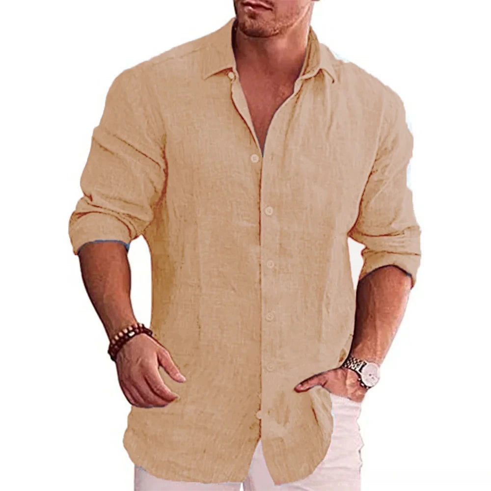 Men's Long Sleeve Linen Blend Button-Up Shirt with Turn-Down Collar, Ideal for Casual and Beach Wear