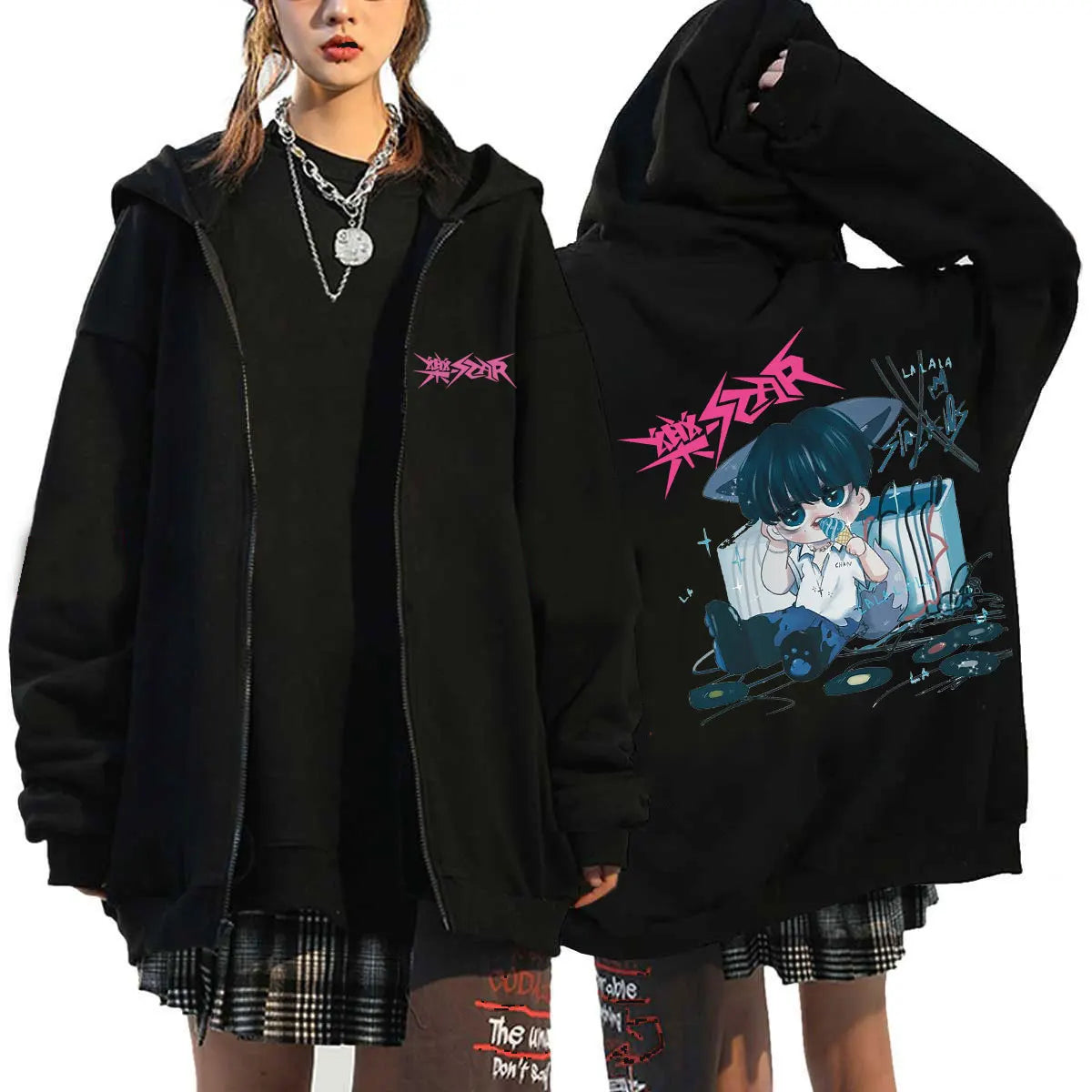 Unisex Streetwear Graphic Hoodie with Bold Arm and Back Designs, Full-Zip Closure, and Oversized Fit for a Trendy Look