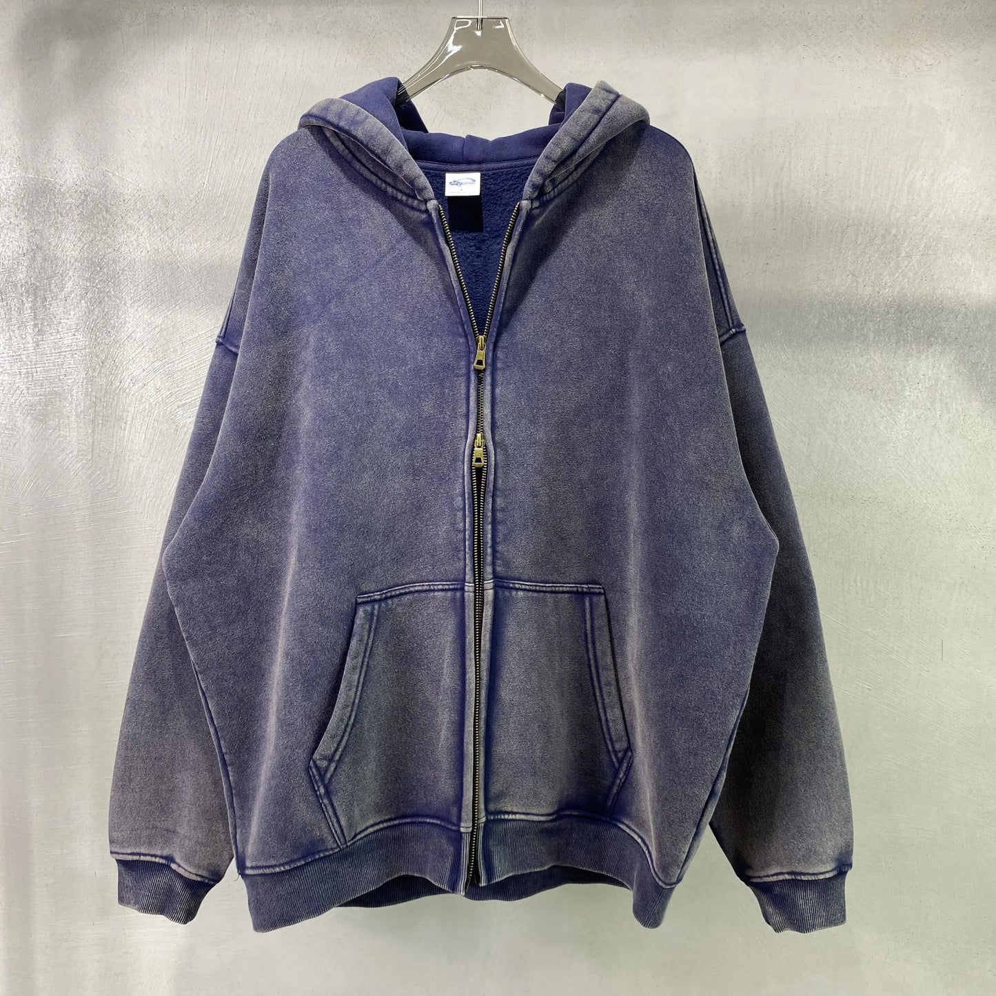 Vintage Washed Full-Zip Hoodie with Oversized Fit and Kangaroo Pocket