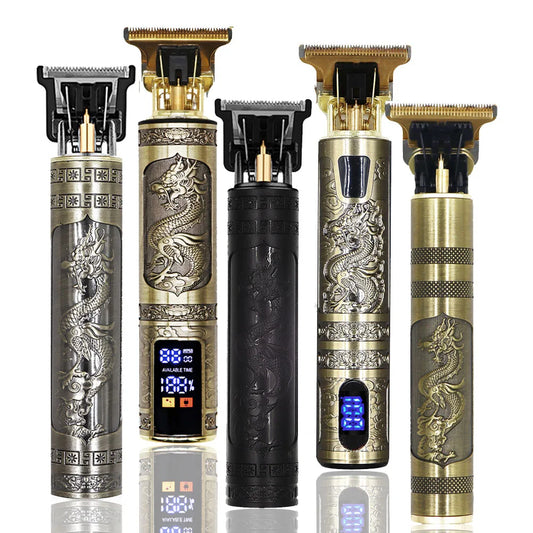 Premium Collection of Hair Trimmers with Intricately Engraved Metal Bodies, LED Displays, and Precision Blades for Professional Grooming and Detailed Styling