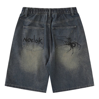 Men's High Street Denim Shorts with Spider and Web Print - Loose Fit, Knee Length, Streetwear Collection