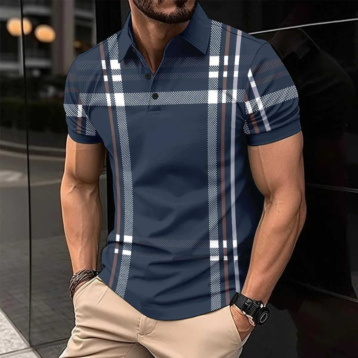 Men's Short Sleeve Polo Shirt with Horizontal Stripe Design and Button Placket for Casual Wear