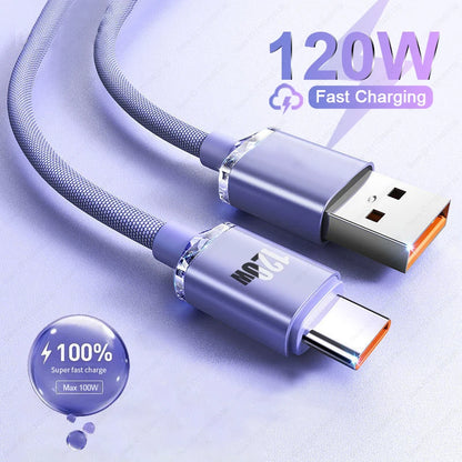 120W Fast Charging USB-C to USB-A Cable with Durable Braided Design for High-Speed Data Transfer and Power Delivery