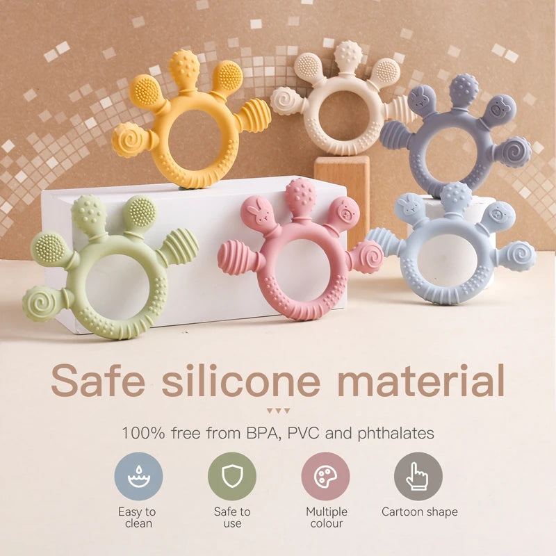 Textured Silicone Teething Rings for Babies with Various Patterns and Soft, Chewable Surfaces for Teething Relief and Sensory Development