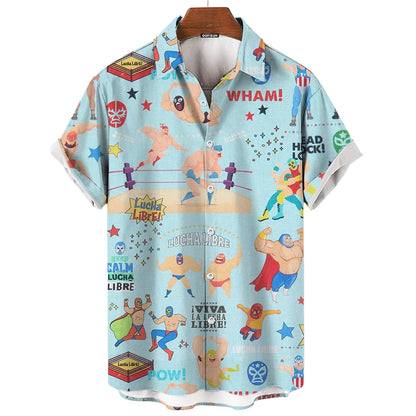 Short-Sleeve Hawaiian Shirt with Lucha Libre Wrestler Print and Button-Up Design