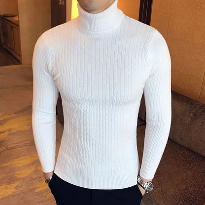 Men's Slim-Fit Turtleneck Sweater with Ribbed Knit Design and Long Sleeves