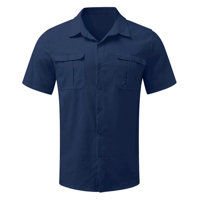 Men's Short Sleeve Linen Blend Button-Up Shirt with Dual Chest Pockets and Turn-Down Collar for Casual and Formal Wear