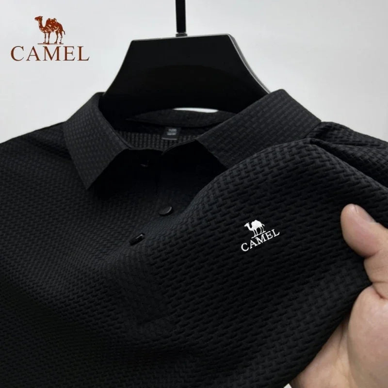 Men's Textured Knit Polo Shirt with Embroidered Camel Logo and Button Placket