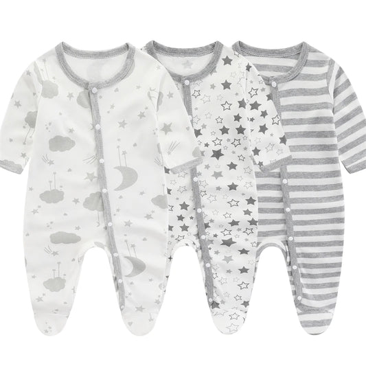 Newborn Baby Footed Sleepers Set with Star, Cloud, and Striped Patterns - Pack of Three Soft and Cozy Long-Sleeve Onesies