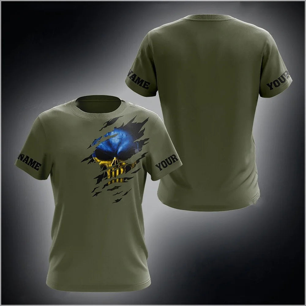 Men's Short Sleeve T-Shirt with Ukrainian Emblem and Flag Design, Featuring Military-Inspired Aesthetics and Patriotic Details