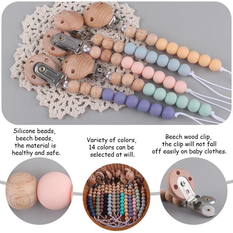 Natural Wooden Bead Baby Pacifier Clips with Soft Silicone Beads, Safe and Stylish Holder for Pacifiers and Teething Toys