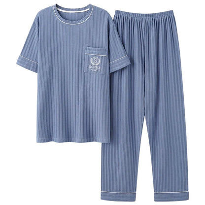 Men's Striped Short and Long Sleeve Pajama Set with Chest Pocket and Contrast Piping for Versatile Sleepwear Options