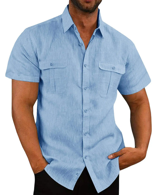 Men's Casual Linen Short Sleeve Shirt with Button-Down Front and Dual Chest Pockets