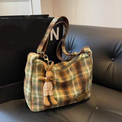 Vintage-Inspired Plaid Shoulder Bag with Plush Bear Charm and Spacious Interior