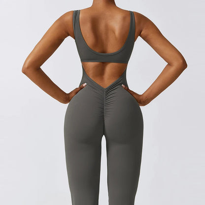 Backless Yoga Jumpsuit for Women with Scrunch Butt Detailing and Flared Legs