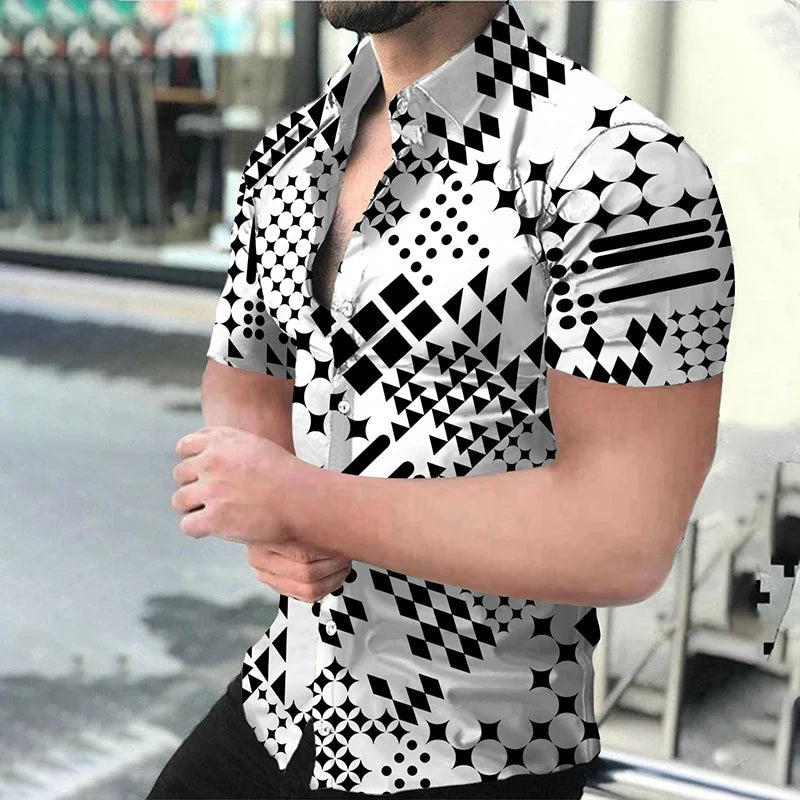 "Men's Short Sleeve Button-Up Shirt with Modern Geometric Print and Slim Fit Design"