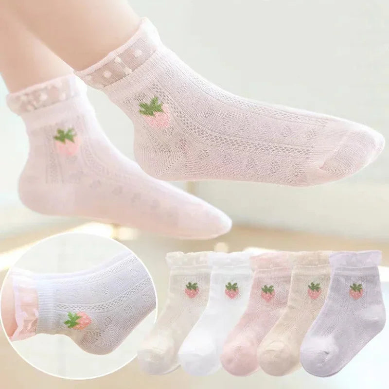 Set of Adorable Girls' Lace Trim Socks with Floral Patterns – Soft and Comfortable for Everyday Wear