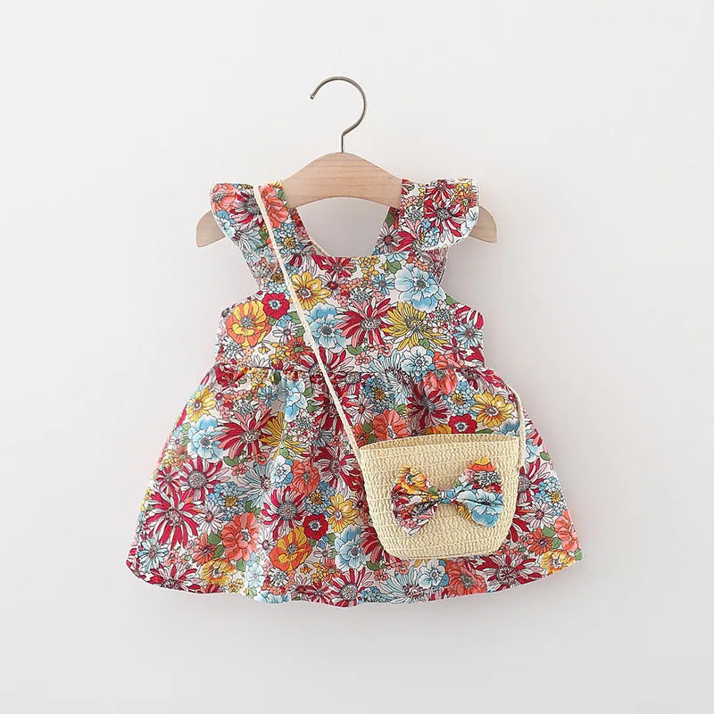 Floral Print Baby Dress with Ruffled Shoulders and Matching Bow-Accented Straw Purse