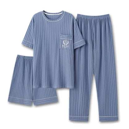 Men's Striped Short and Long Sleeve Pajama Set with Chest Pocket and Contrast Piping for Versatile Sleepwear Options