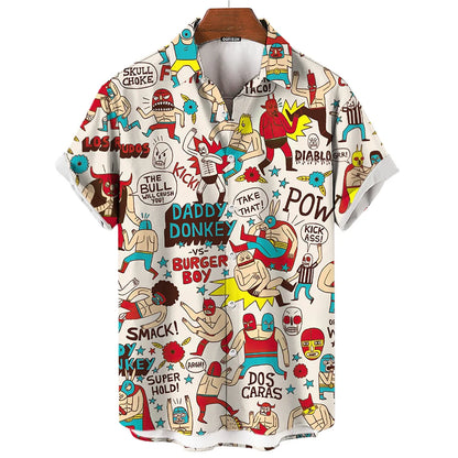 Short-Sleeve Hawaiian Shirt with Lucha Libre Wrestler Print and Button-Up Design