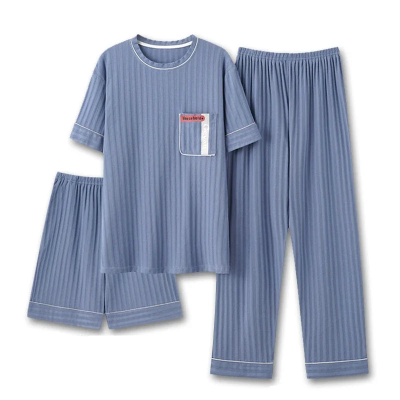 Men's Striped Short and Long Sleeve Pajama Set with Chest Pocket and Contrast Piping for Versatile Sleepwear Options