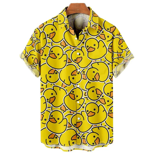 Men's Short Sleeve Button-Up Shirt with Playful Rubber Duck Print and Casual Fit