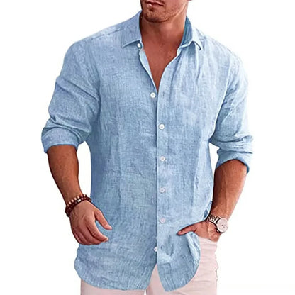 Men's Long Sleeve Linen Blend Button-Up Shirt with Turn-Down Collar, Ideal for Casual and Beach Wear