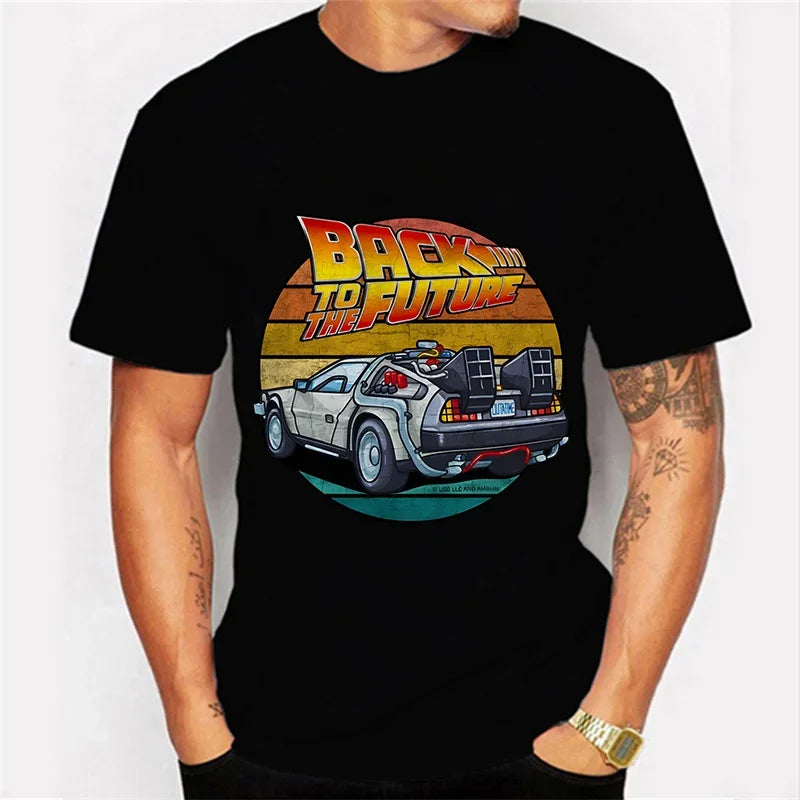 Men's Short Sleeve Retro Graphic T-Shirt Featuring Iconic Car Design and Nostalgic "Back to the Future" Theme