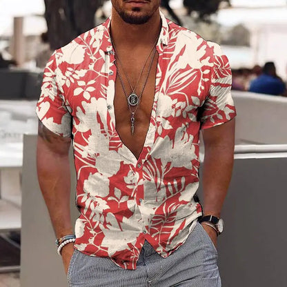 "Men's Tropical Print Short Sleeve Casual Button-Up Shirt with Relaxed Fit"