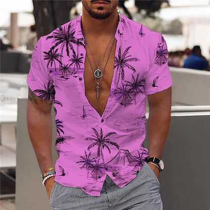 "Men's Tropical Print Short Sleeve Casual Button-Up Shirt with Relaxed Fit"