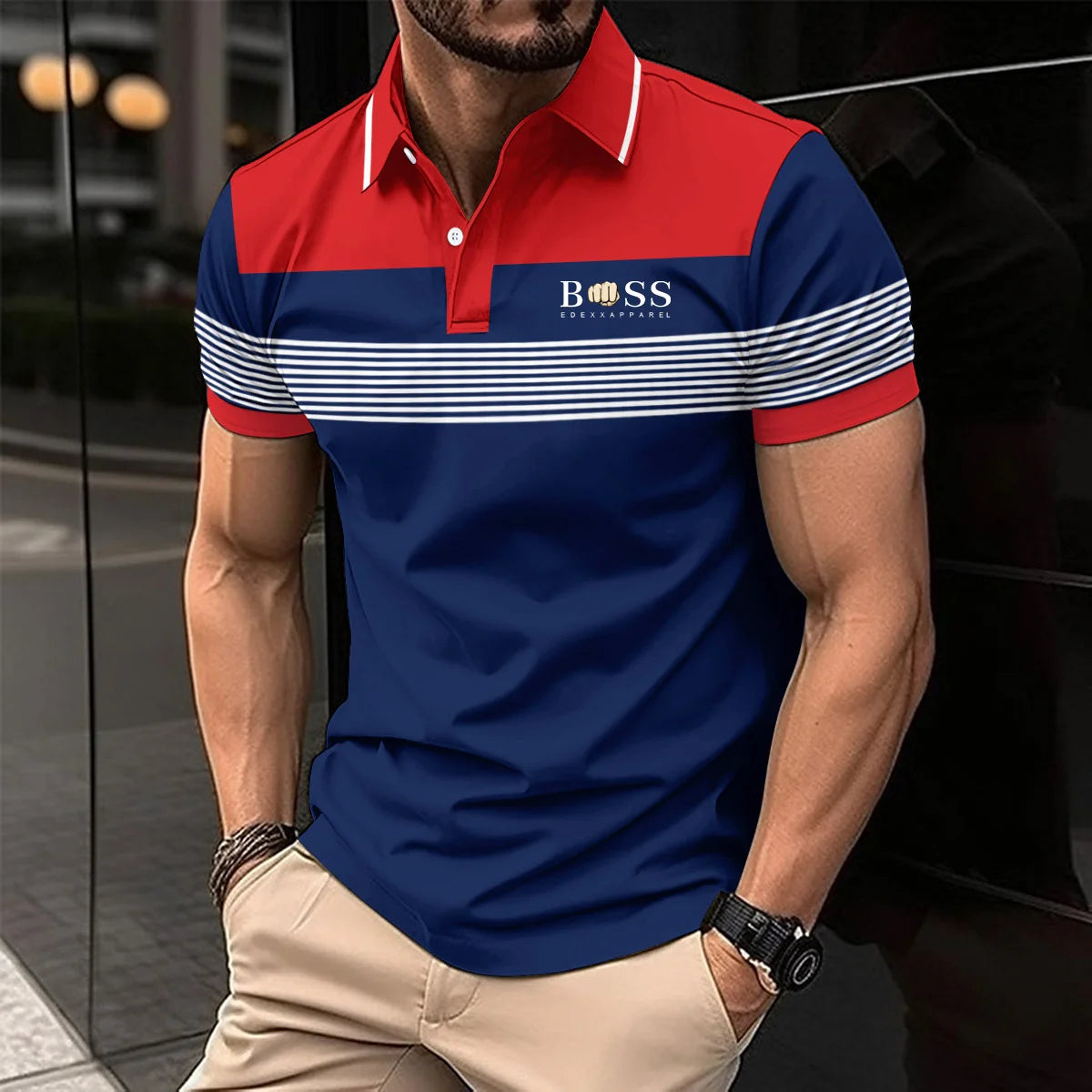 Men's Slim Fit Polo Shirt with Plaid Accent on Sleeves and Collar for a Stylish Casual Look