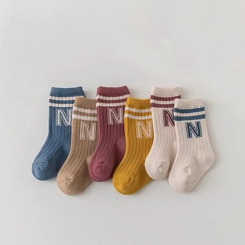 Three-Pair Set of Ribbed Cotton Socks with Striped Top and Embroidered Letter N for Kids