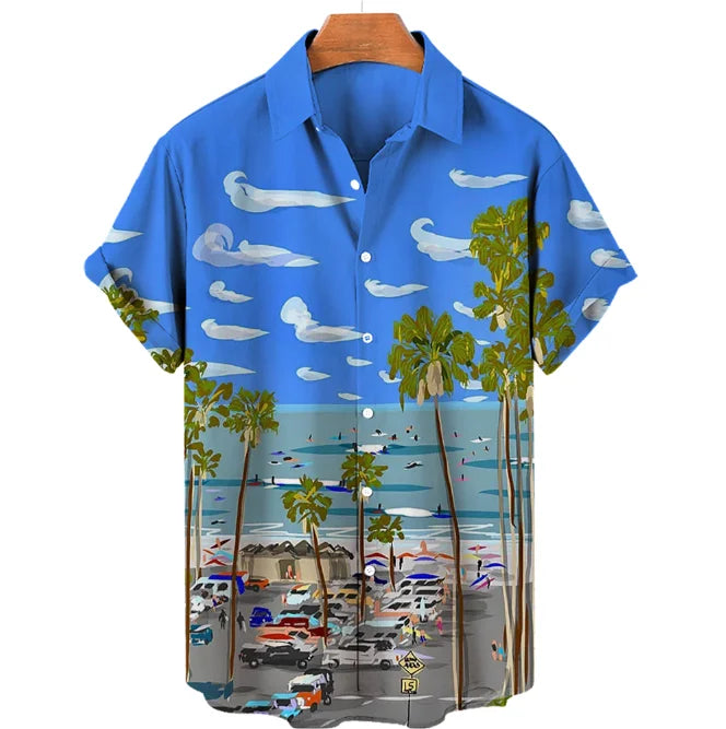 Vintage Surf and Palm Tree Print Short-Sleeve Hawaiian Shirt with Button-Up Closure and Turn-Down Collar