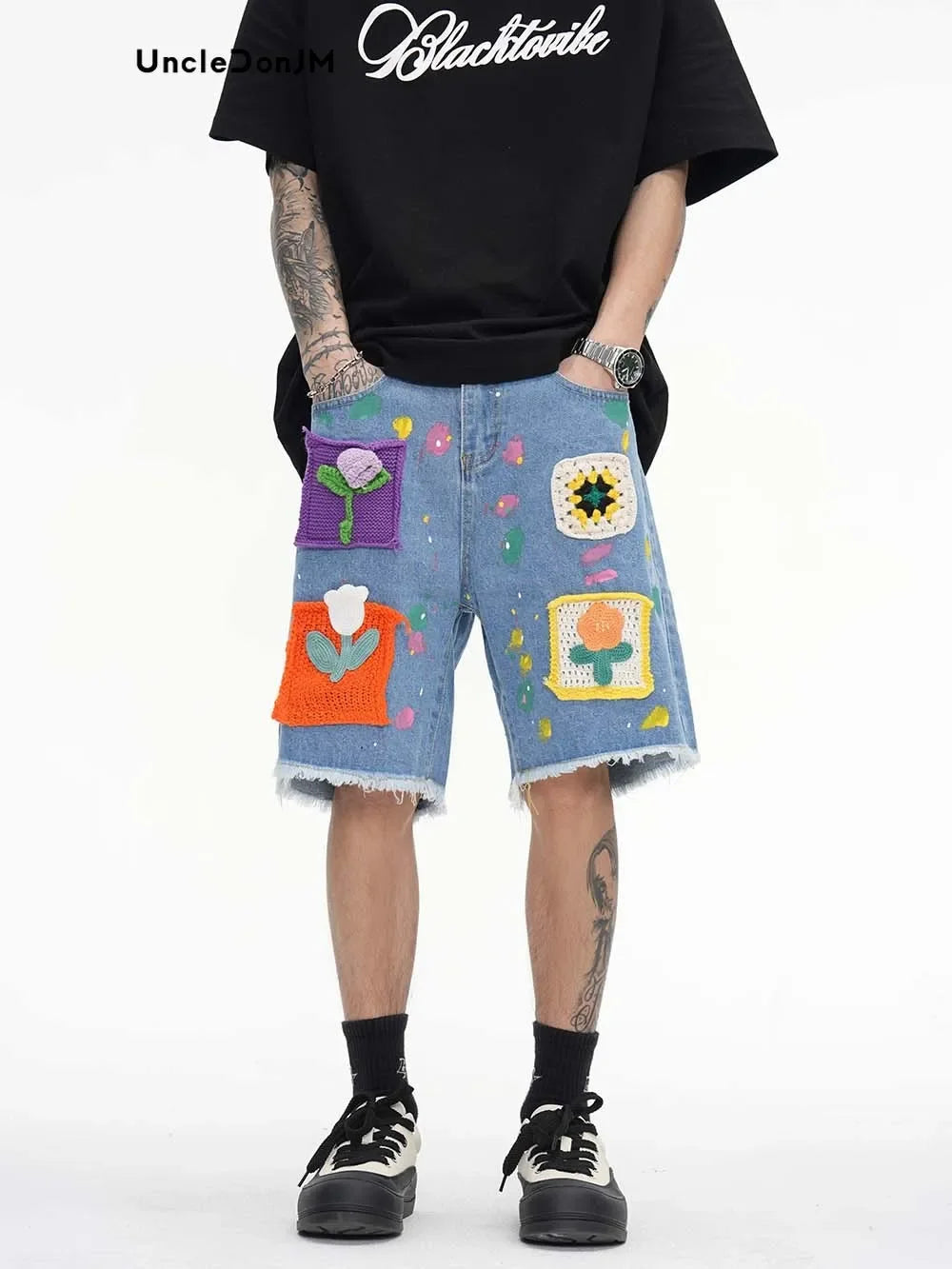 Men's Streetwear Denim Shorts with Colorful Crochet Patches and Distressed Hem Design