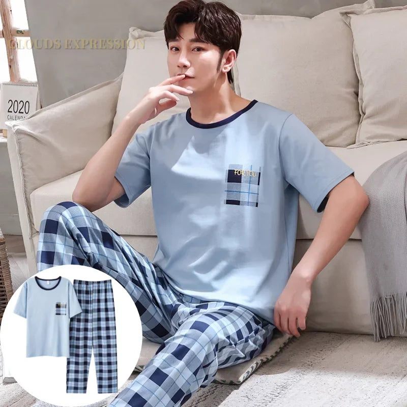 Men's Casual Short Sleeve T-Shirt with Chest Pocket Detail and Matching Plaid Lounge Pants Set for Relaxed Home Wear