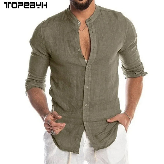 "Men's Long-Sleeve Linen Shirt with Stand Collar and Casual Button-Up Design"