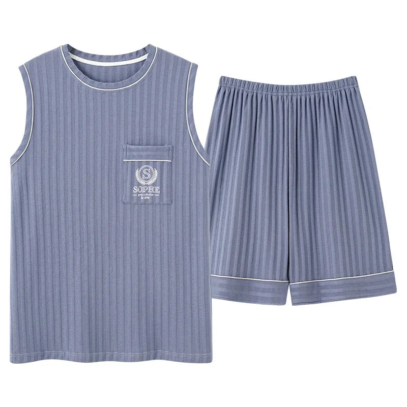 Men's Striped Short and Long Sleeve Pajama Set with Chest Pocket and Contrast Piping for Versatile Sleepwear Options