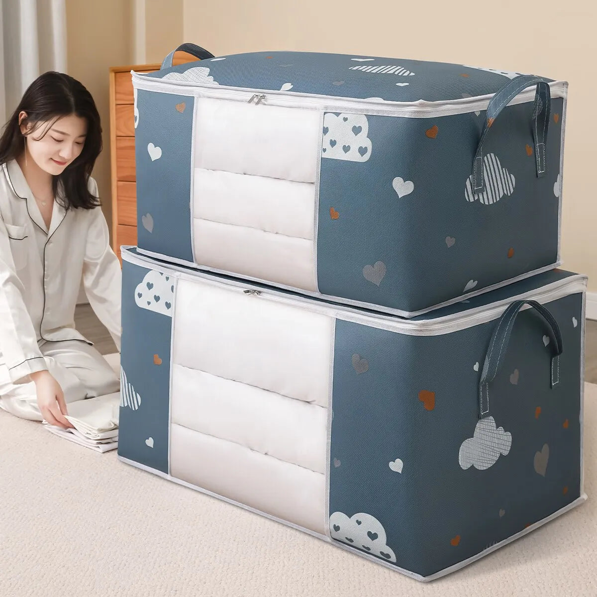 Large Capacity Foldable Storage Bags for Clothes and Bedding with Zipper Closure and Reinforced Handles