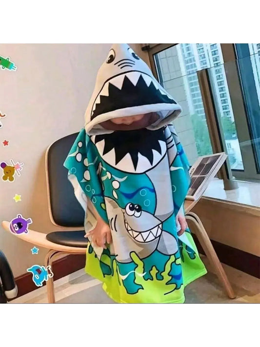 Children's Hooded Towel with Shark Design, Soft and Absorbent Bathrobe for Kids, Perfect for Beach or Pool Use