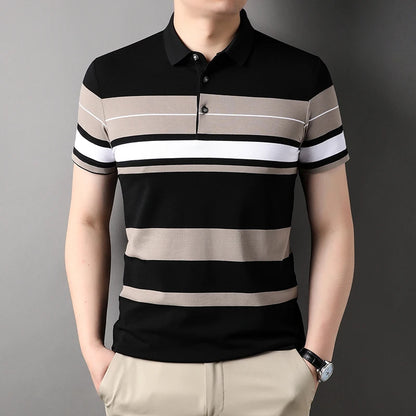 Men's Striped Short Sleeve Polo Shirt with Button Placket and Classic Fit Design