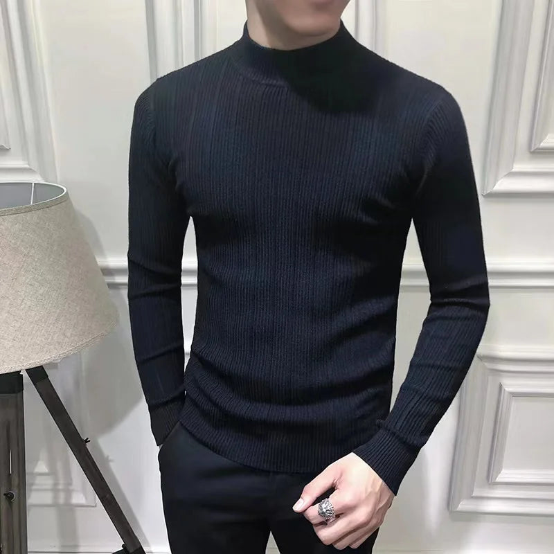 Men's Ribbed Knit Pullover with Asymmetrical Zippered Cowl Neck and Contrast Trim