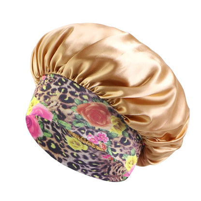 Silk Satin Sleep Bonnet with Wide Elastic Band and Floral Design for Hair Protection