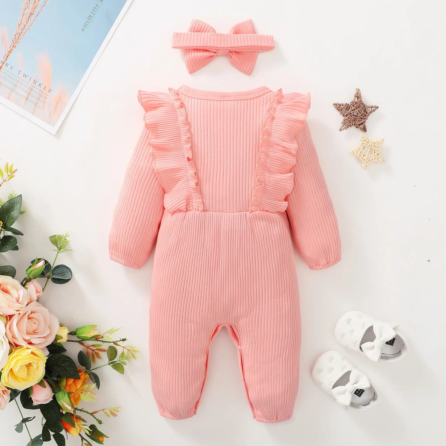 Ruffled Long Sleeve Baby Romper with Bowknot and Wooden Button Accents – Soft Ribbed Fabric and Matching Headband for Adorable Outfit Sets