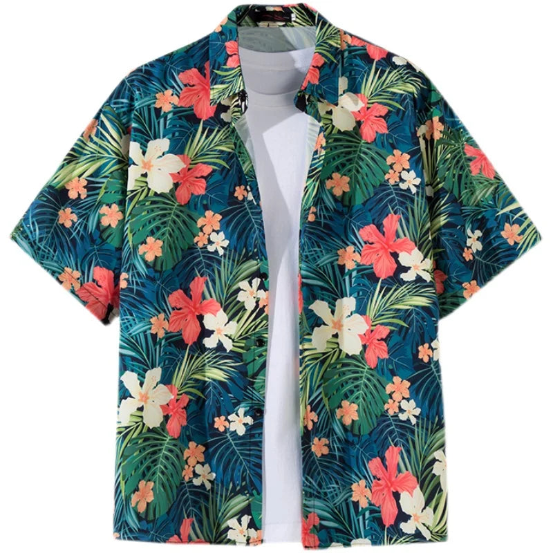 Men's Tropical Floral Print Short Sleeve Shirt with Turn-Down Collar and Lightweight Fabric for Summer Casual Wear